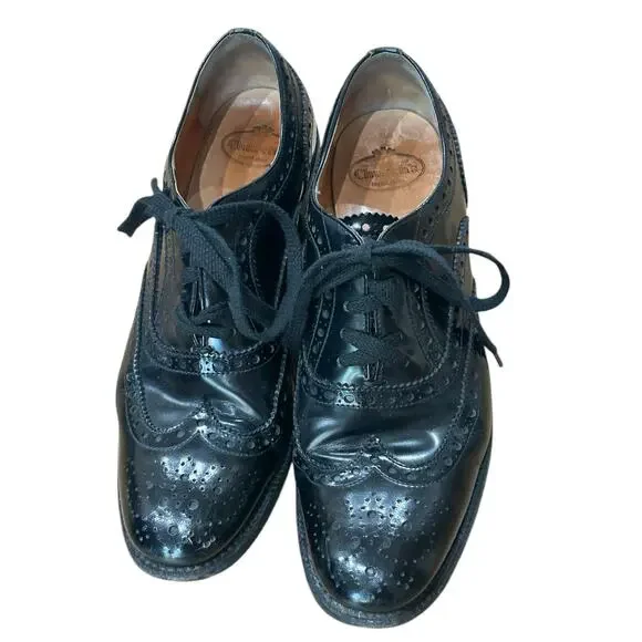 Church’s Black Leather Wingtip Oxford Shoes Women EU 38 Made England - - Picture 2 of 6